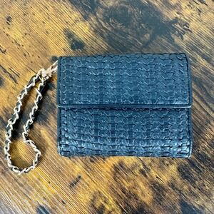 Christian Dior Black Woven Leather Wallet Wristlet Chain Strap Authentic Vintage